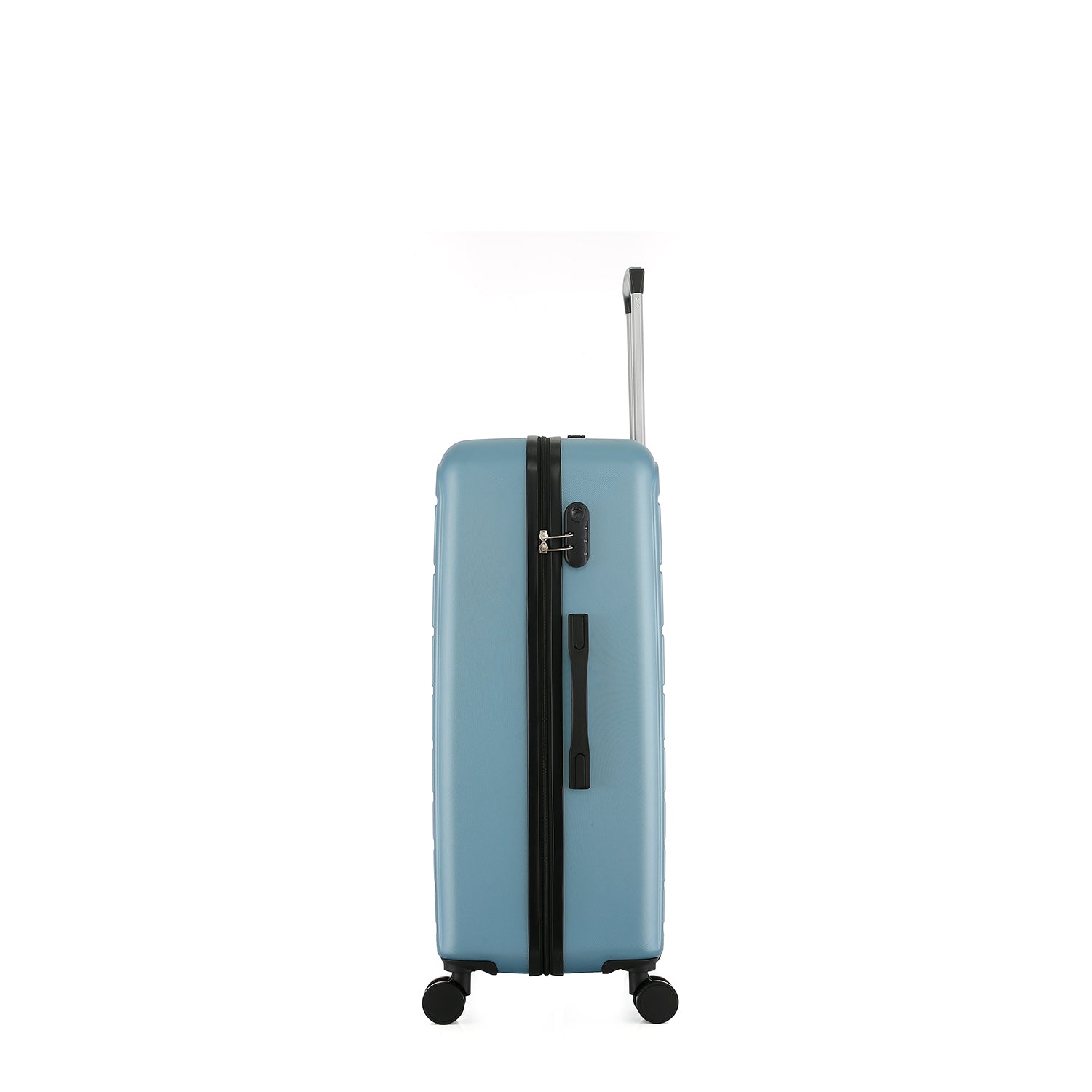 bb&b Travel Aspen Small Suitcase in blue, angled front view showing the side handle, combination lock and spinner wheels.