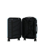 bb&b Travel Aspen Small Suitcase in blue, opened to show the black lined interior with mesh zip compartment and adjustable packing straps.