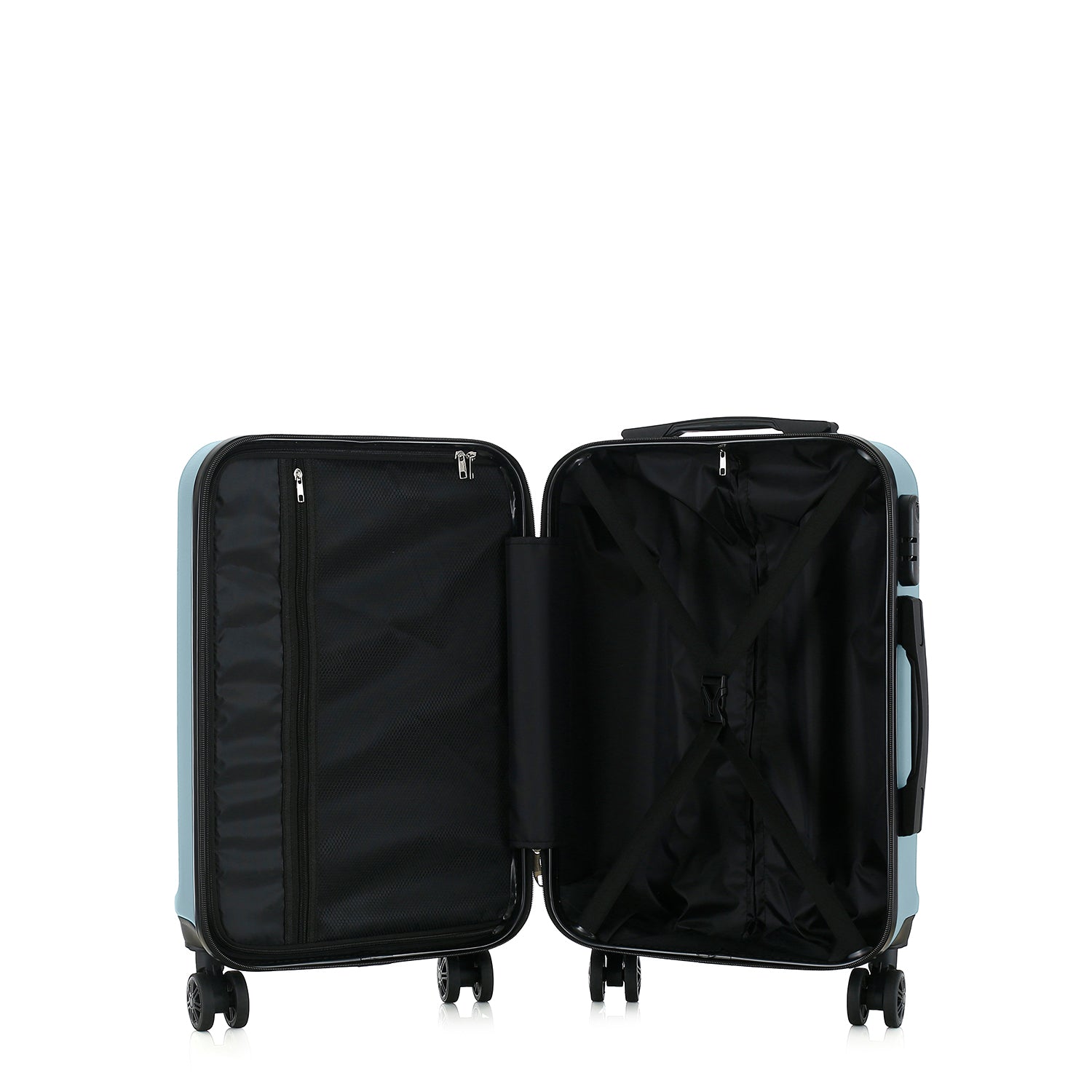 bb&b Travel Aspen Small Suitcase in blue, opened to show the black lined interior with mesh zip compartment and adjustable packing straps.