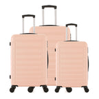 bb&b Travel Aspen Suitcase range in blush, showing small, medium and large hard-shell suitcases with telescopic handles and spinner wheels.