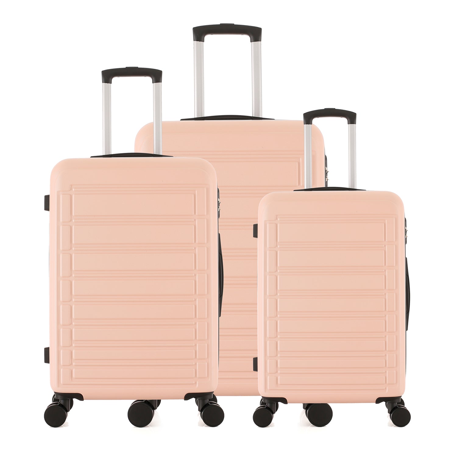 bb&b Travel Aspen Suitcase range in blush, showing small, medium and large hard-shell suitcases with telescopic handles and spinner wheels.