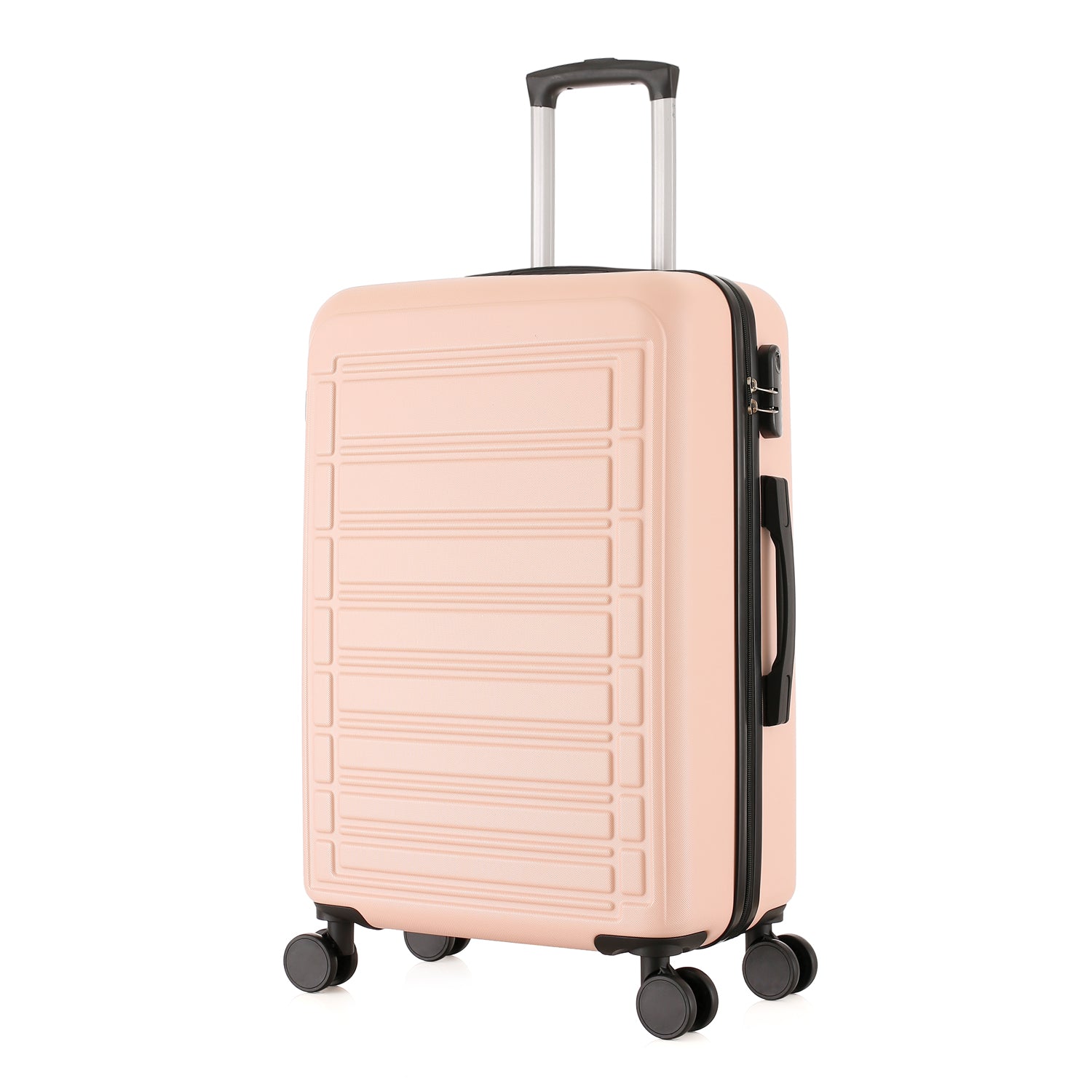 bb&b Travel Aspen Large Suitcase in blush, angled front view showing the hard-shell exterior, side handle, combination lock and spinner wheels.
