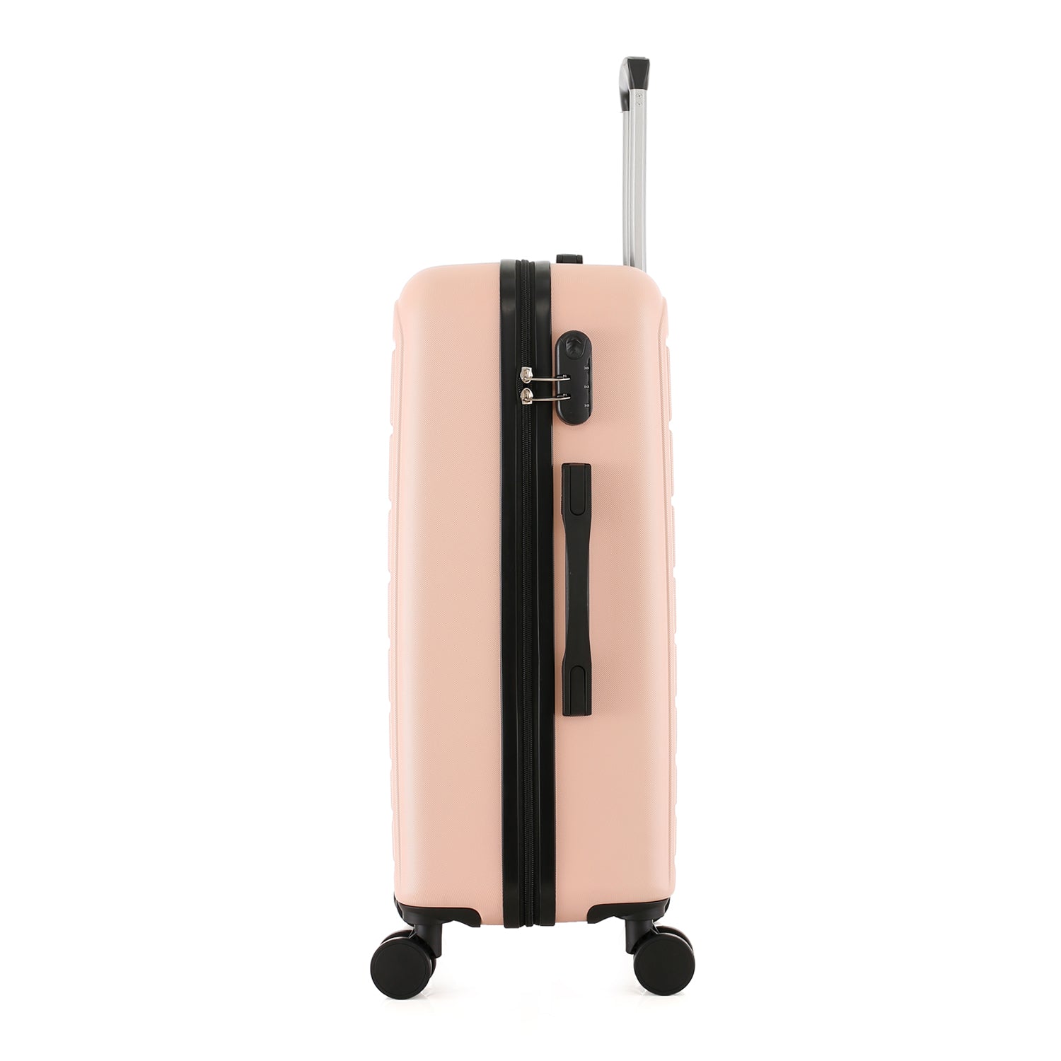 bb&b Travel Aspen Large Suitcase in blush, side view showing the zip closure, combination lock, side carry handle and extended telescopic handle.