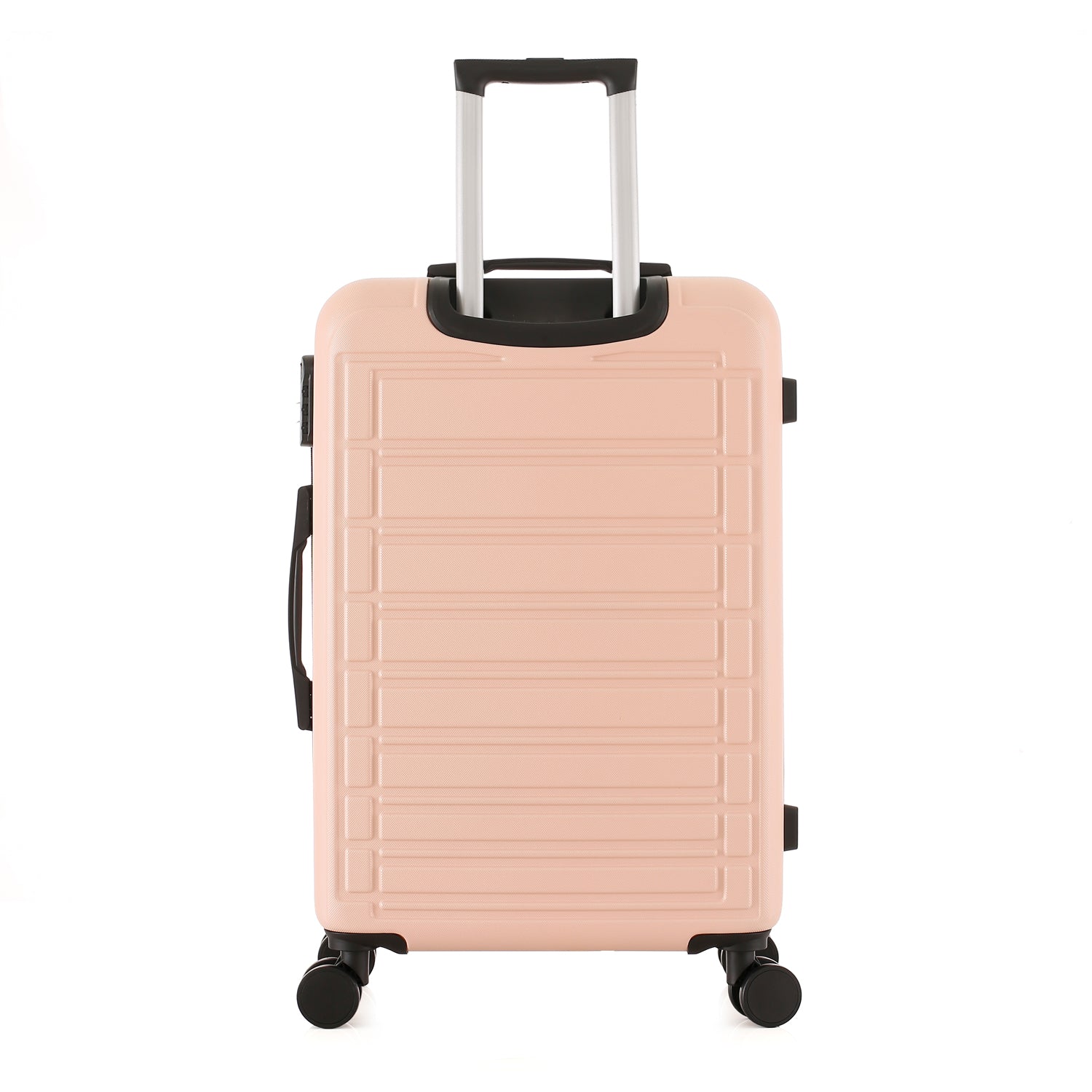 bb&b Travel Aspen Large Suitcase in blush, rear view with telescopic handle, hard-shell exterior and spinner wheels.