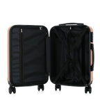 bb&b Travel Aspen Large Suitcase in blush, opened to show the black lined interior with mesh zip compartment and adjustable packing straps.