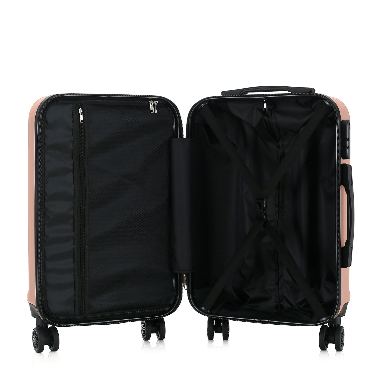 bb&b Travel Aspen Large Suitcase in blush, opened to show the black lined interior with mesh zip compartment and adjustable packing straps.