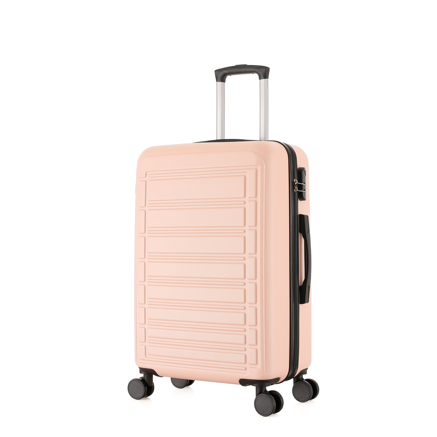 bb&b Travel Aspen Medium Suitcase in blush, angled front view showing the hard-shell exterior, side handle, combination lock and spinner wheels.
