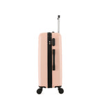 bb&b Travel Aspen Medium Suitcase in blush, side view showing the zip closure, combination lock, side carry handle and extended telescopic handle.
