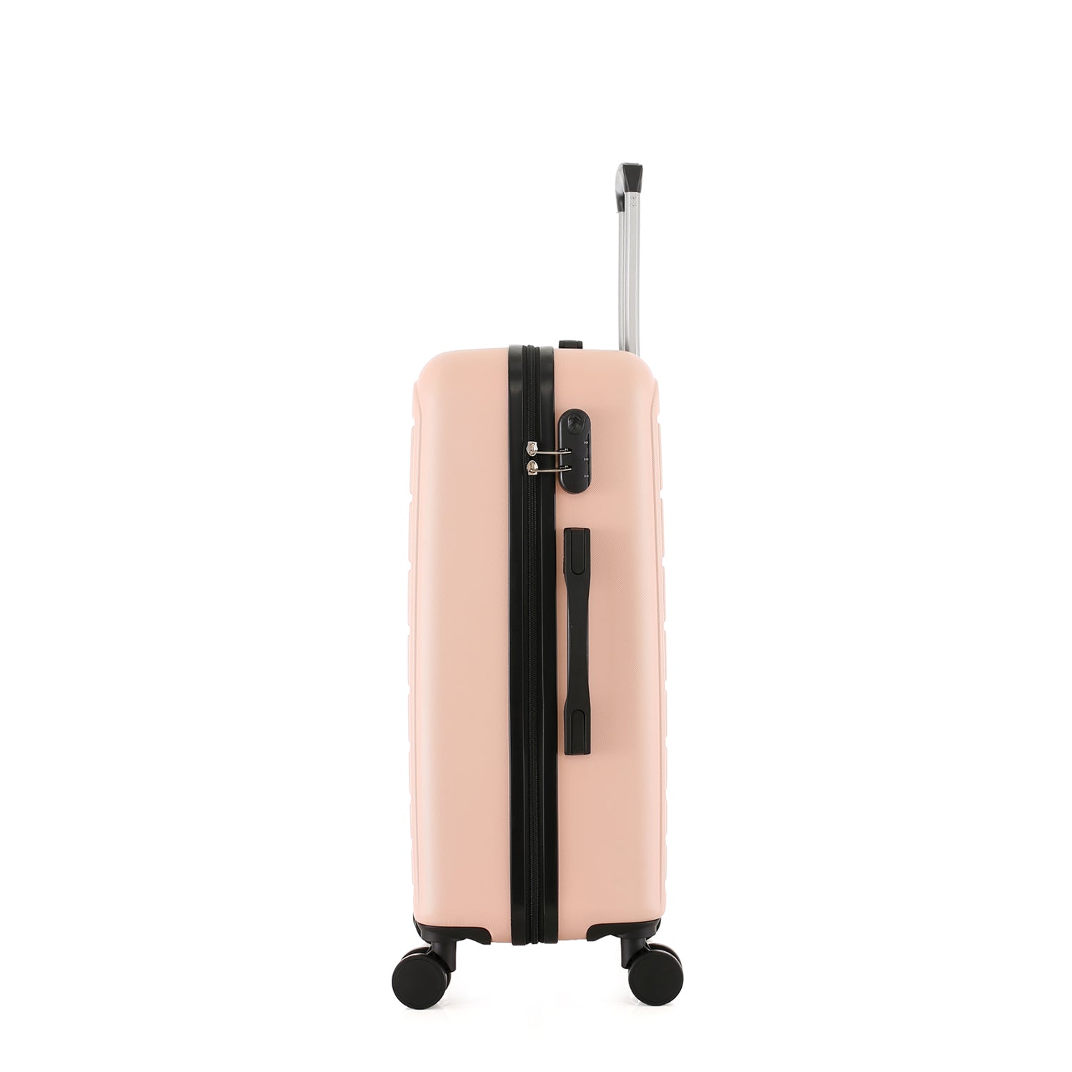 bb&b Travel Aspen Medium Suitcase in blush, side view showing the zip closure, combination lock, side carry handle and extended telescopic handle.