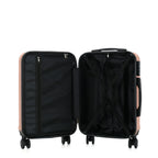 bb&b Travel Aspen Medium Suitcase in blush, opened to show the black lined interior with mesh zip compartment and adjustable packing straps.
