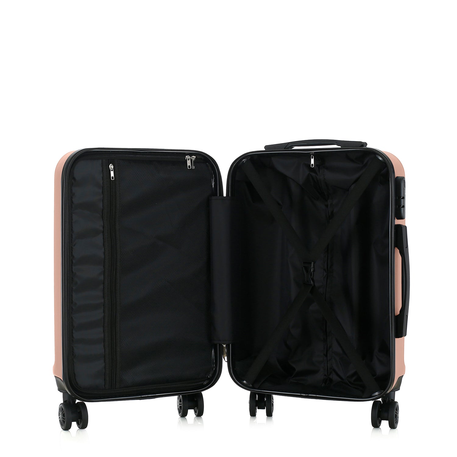 bb&b Travel Aspen Medium Suitcase in blush, opened to show the black lined interior with mesh zip compartment and adjustable packing straps.