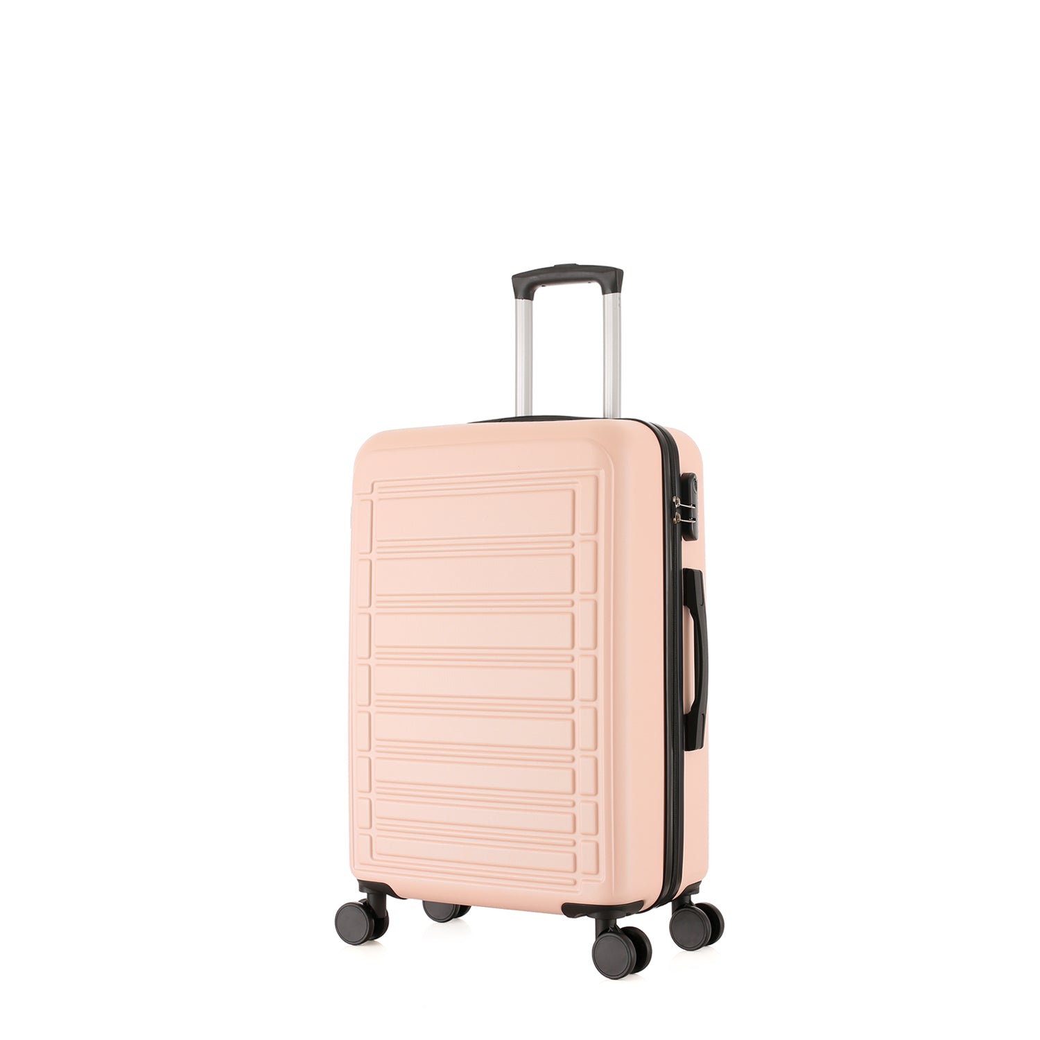 bb&b Travel Aspen Small Suitcase in blush, angled front view showing the hard-shell exterior, side handle, combination lock and spinner wheels.