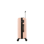 bb&b Travel Aspen Small Suitcase in blush, side view showing the zip closure, combination lock, side carry handle and extended telescopic handle.