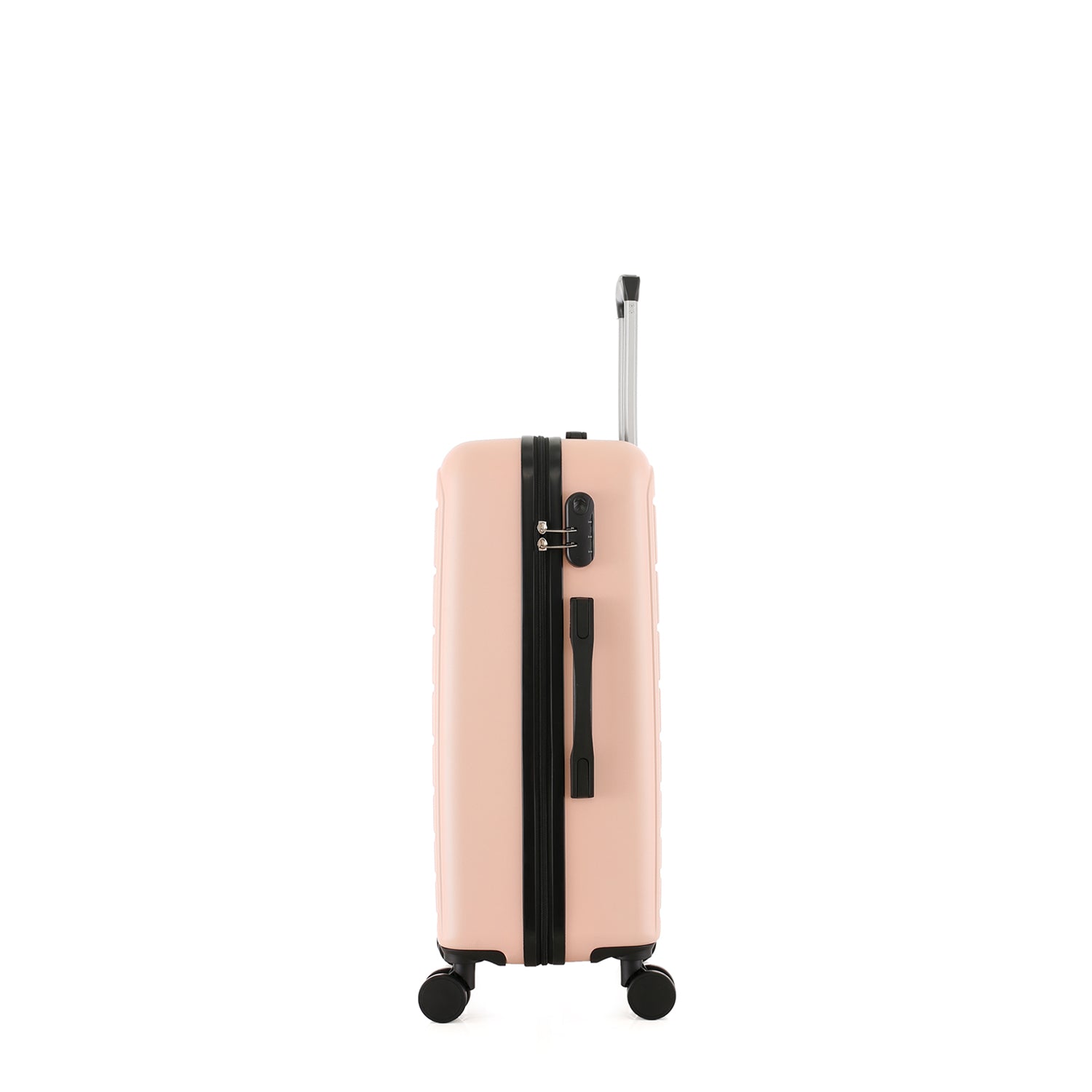 bb&b Travel Aspen Small Suitcase in blush, side view showing the zip closure, combination lock, side carry handle and extended telescopic handle.
