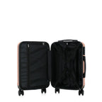 bb&b Travel Aspen Small Suitcase in blush, opened to show the black lined interior with mesh zip compartment and adjustable packing straps.