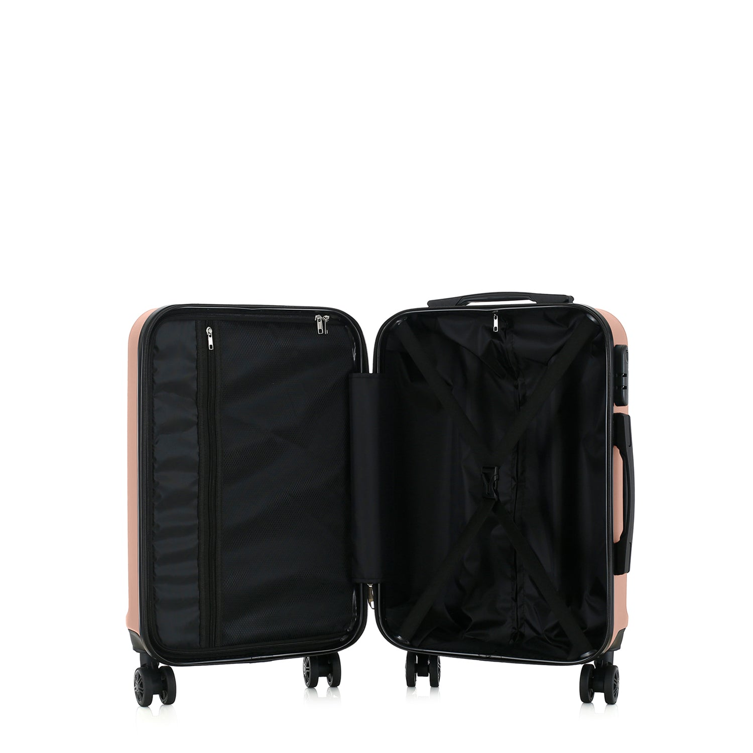 bb&b Travel Aspen Small Suitcase in blush, opened to show the black lined interior with mesh zip compartment and adjustable packing straps.