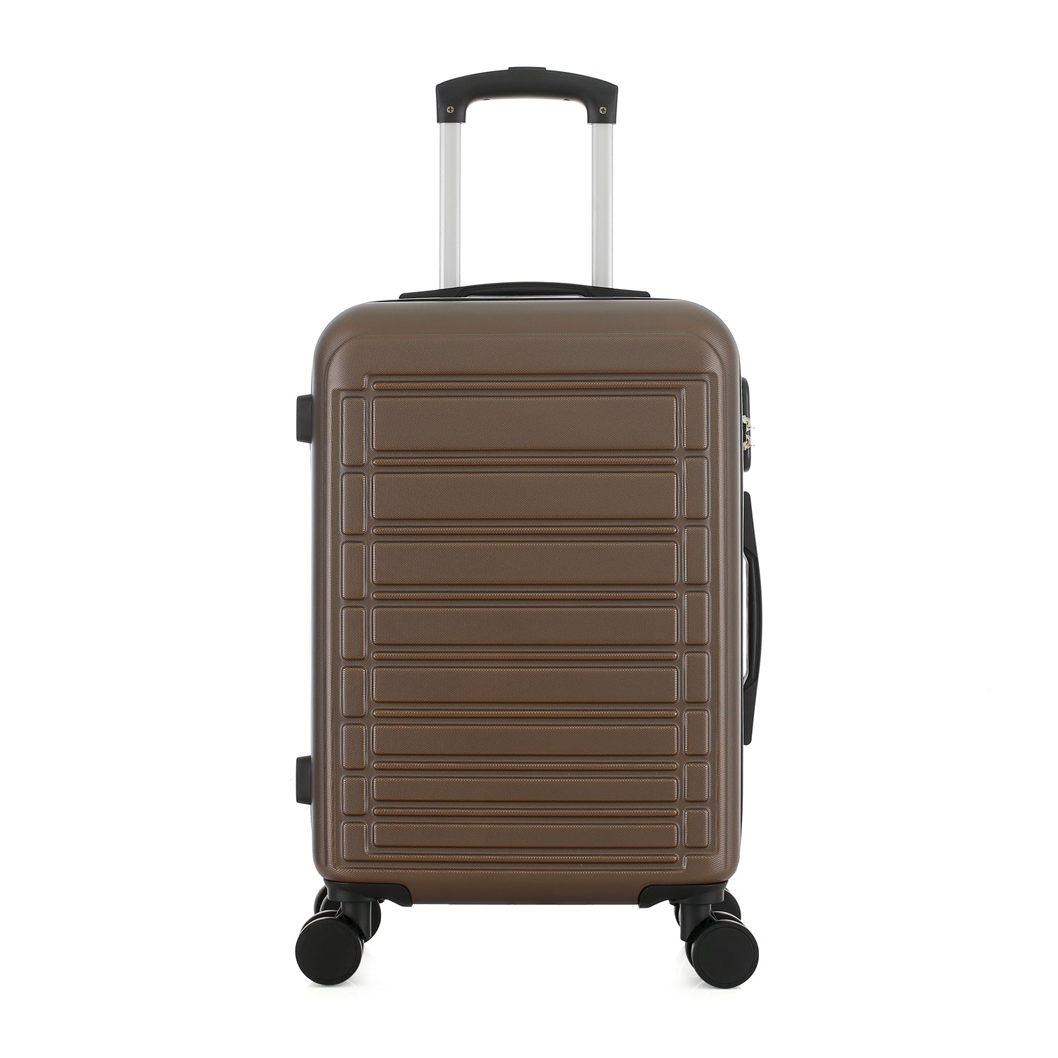 bb&b Travel Aspen Large Suitcase in chocolate, front view with textured hard-shell design, telescopic handle and spinner wheels.