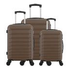 bb&b Travel Aspen Suitcase range in chocolate, showing small, medium and large hard-shell suitcases with telescopic handles and spinner wheels.