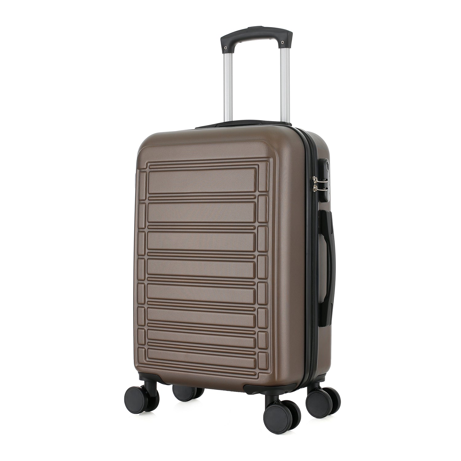 bb&b Travel Aspen Large Suitcase in chocolate, angled front view showing the hard-shell exterior, side handle, combination lock and spinner wheels.