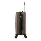 bb&b Travel Aspen Large Suitcase in chocolate, side view showing the zip closure, combination lock, side carry handle and extended telescopic handle.