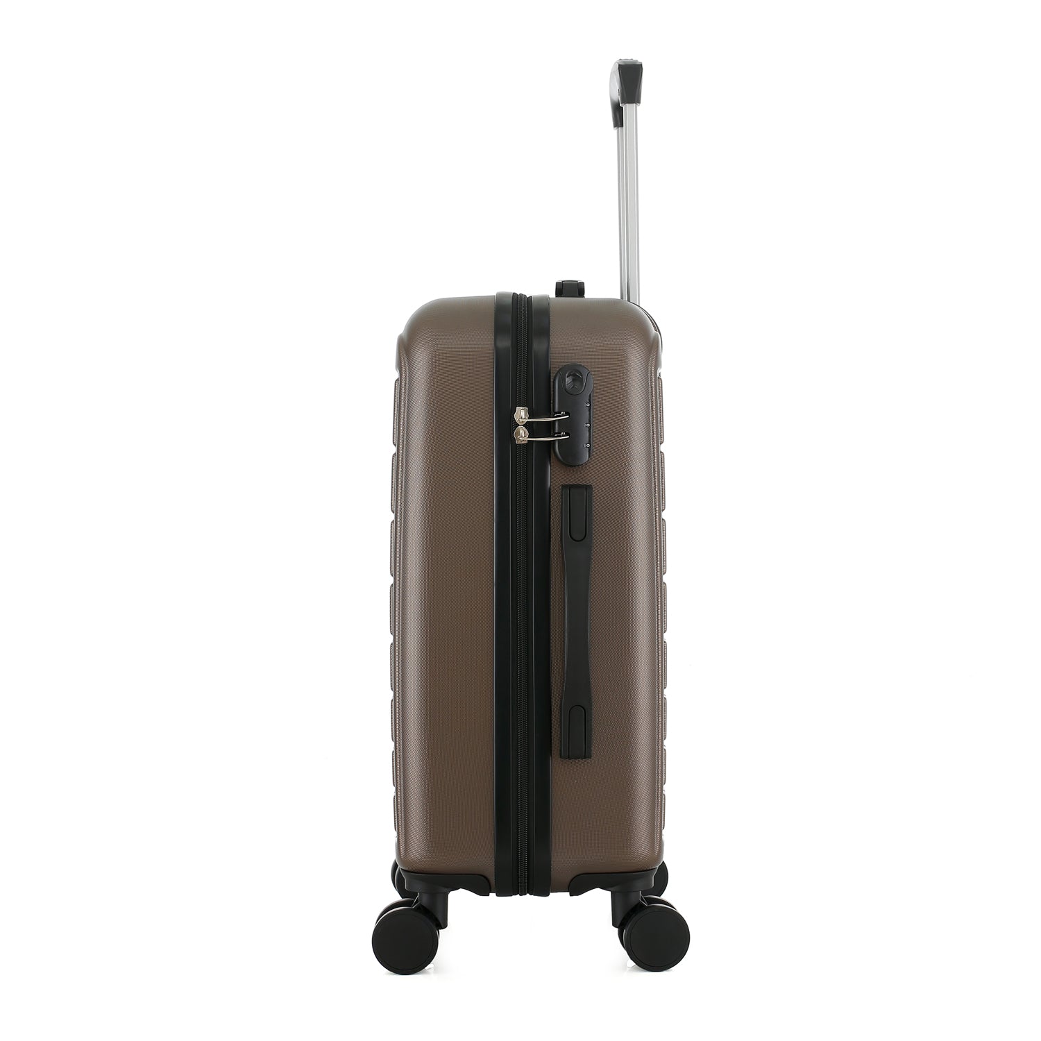 bb&b Travel Aspen Large Suitcase in chocolate, side view showing the zip closure, combination lock, side carry handle and extended telescopic handle.