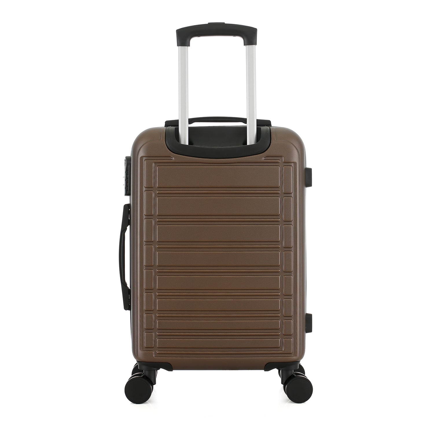 bb&b Travel Aspen Large Suitcase in chocolate, rear view with telescopic handle, hard-shell exterior and spinner wheels.