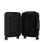 bb&b Travel Aspen Large Suitcase in chocolate, opened to show the black lined interior with mesh zip compartment and adjustable packing straps.