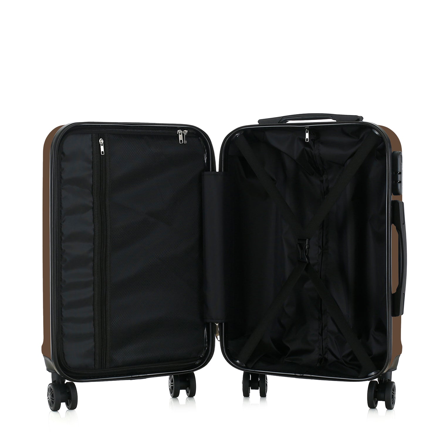 bb&b Travel Aspen Large Suitcase in chocolate, opened to show the black lined interior with mesh zip compartment and adjustable packing straps.