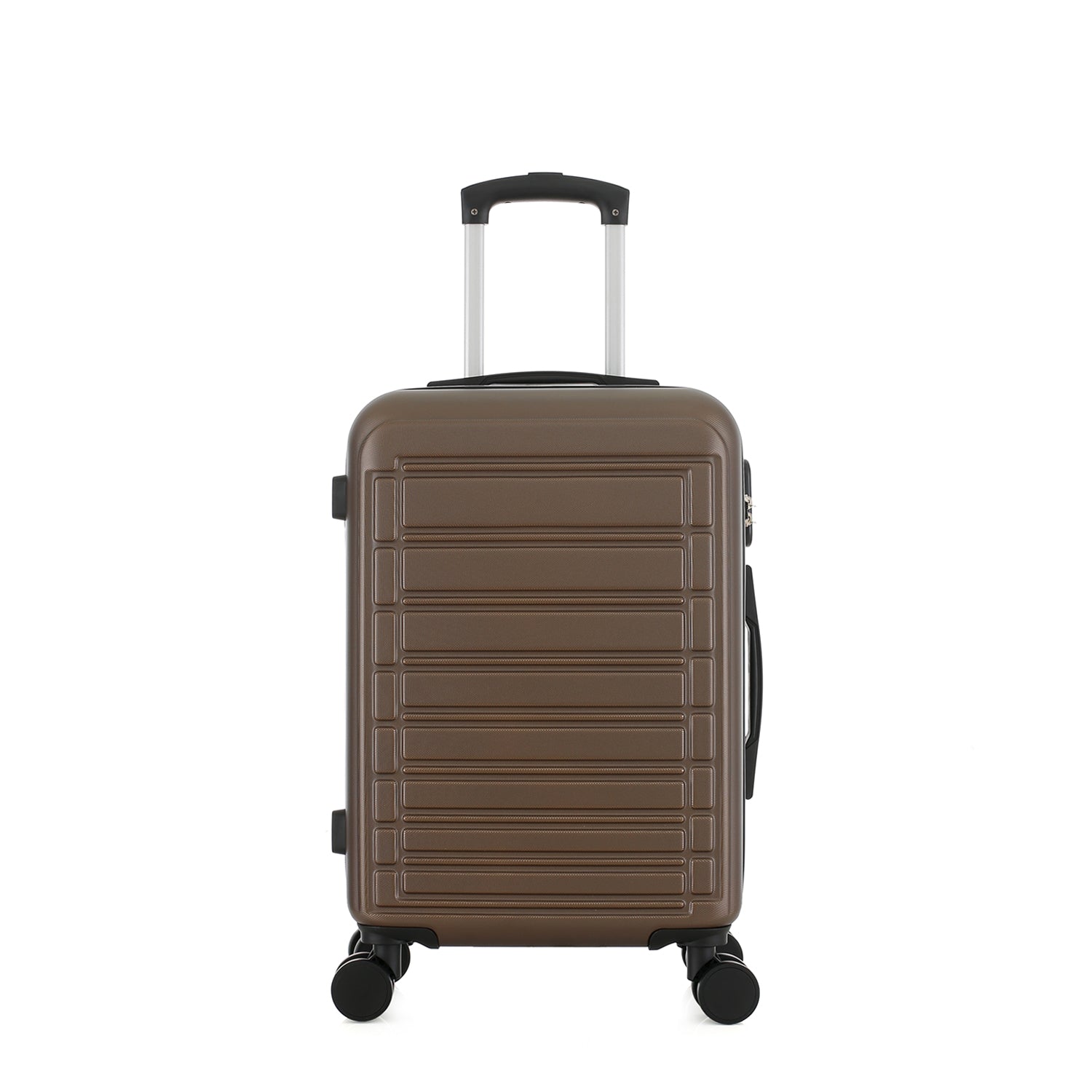 bb&b Travel Aspen Medium Suitcase in chocolate, front view with textured hard-shell design, telescopic handle and spinner wheels.