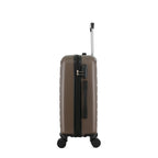 bb&b Travel Aspen Medium Suitcase in chocolate, side view showing the zip closure, combination lock, side carry handle and extended telescopic handle.