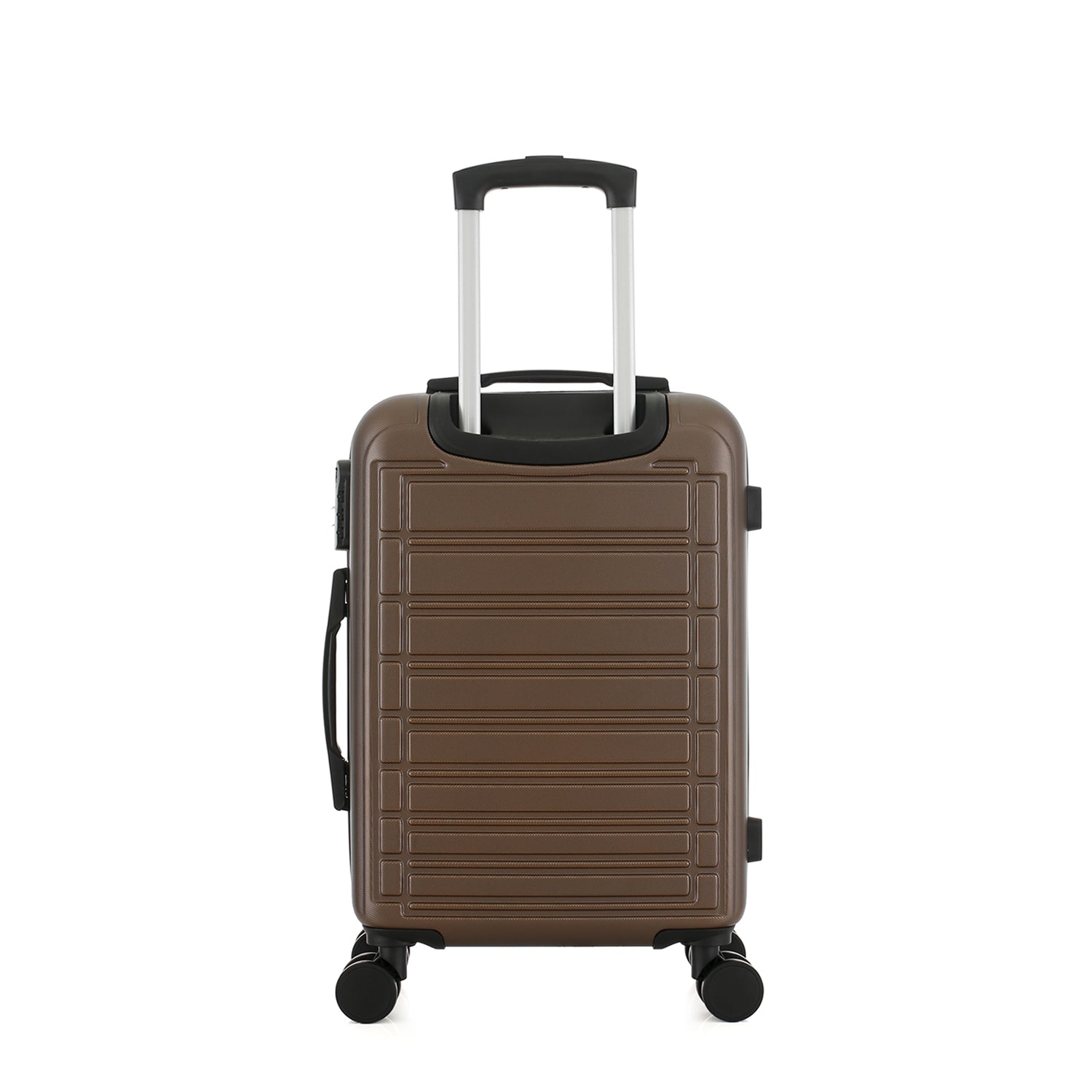 bb&b Travel Aspen Medium Suitcase in chocolate, rear view with telescopic handle, hard-shell exterior and spinner wheels.