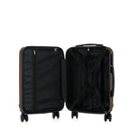 bb&b Travel Aspen Medium Suitcase in chocolate, opened to show the black lined interior with mesh zip compartment and adjustable packing straps.