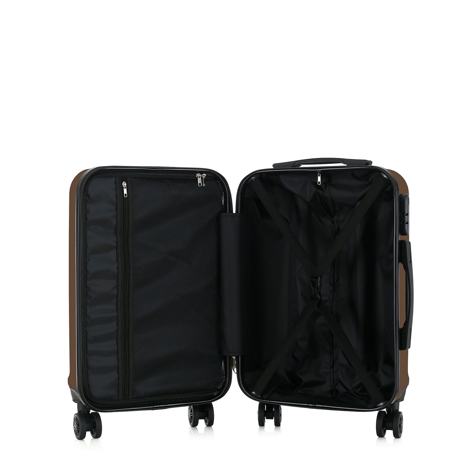 bb&b Travel Aspen Medium Suitcase in chocolate, opened to show the black lined interior with mesh zip compartment and adjustable packing straps.