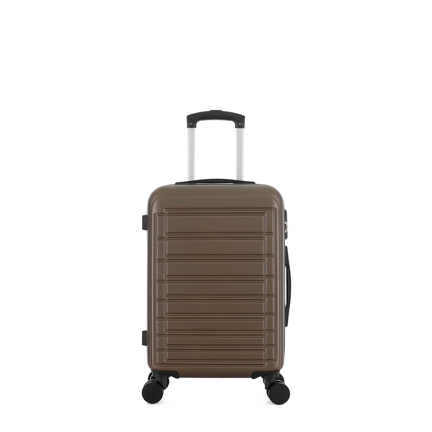 bb&b Travel Aspen Small Suitcase in chocolate, front view with textured hard-shell design, telescopic handle and spinner wheels.