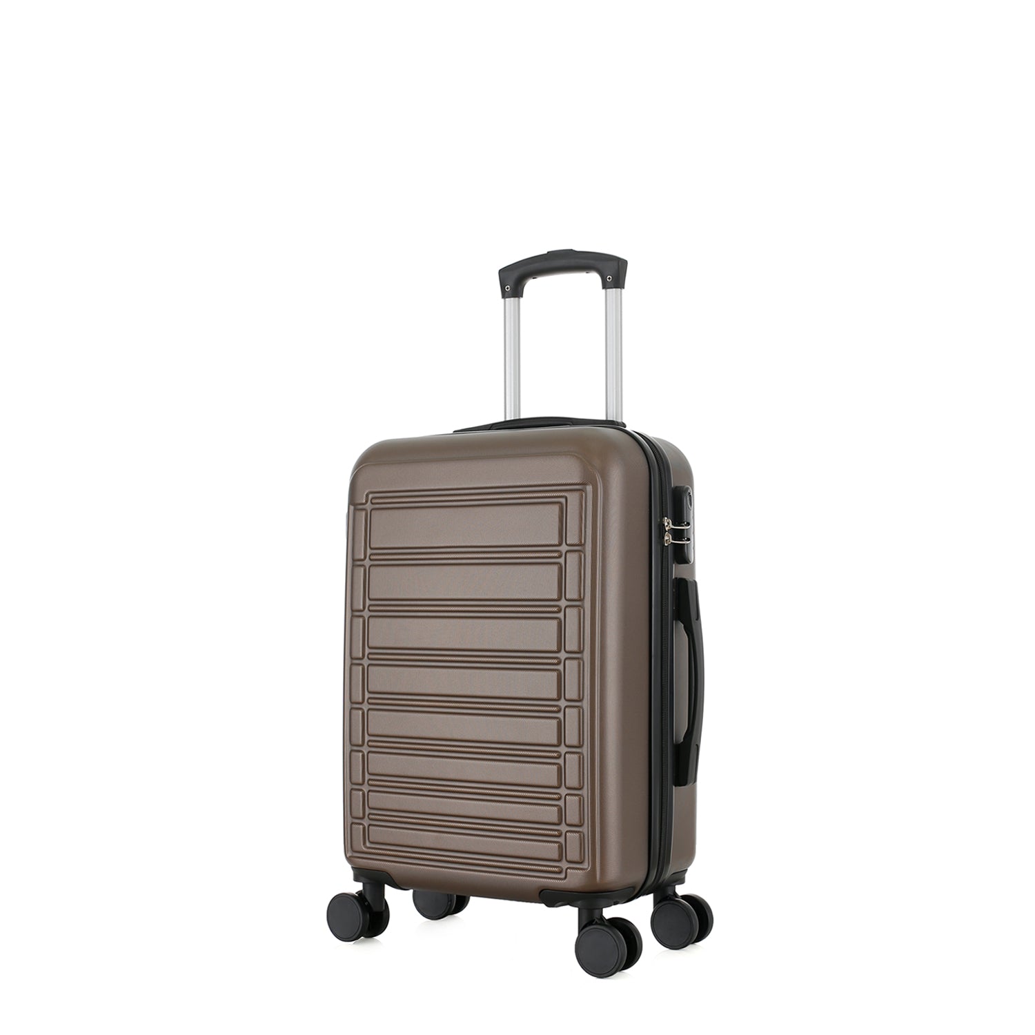 bb&b Travel Aspen Small Suitcase in chocolate, angled front view showing the hard-shell exterior, side handle, combination lock and spinner wheels.