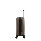 bb&b Travel Aspen Small Suitcase in chocolate, side view showing the zip closure, combination lock, side carry handle and extended telescopic handle.