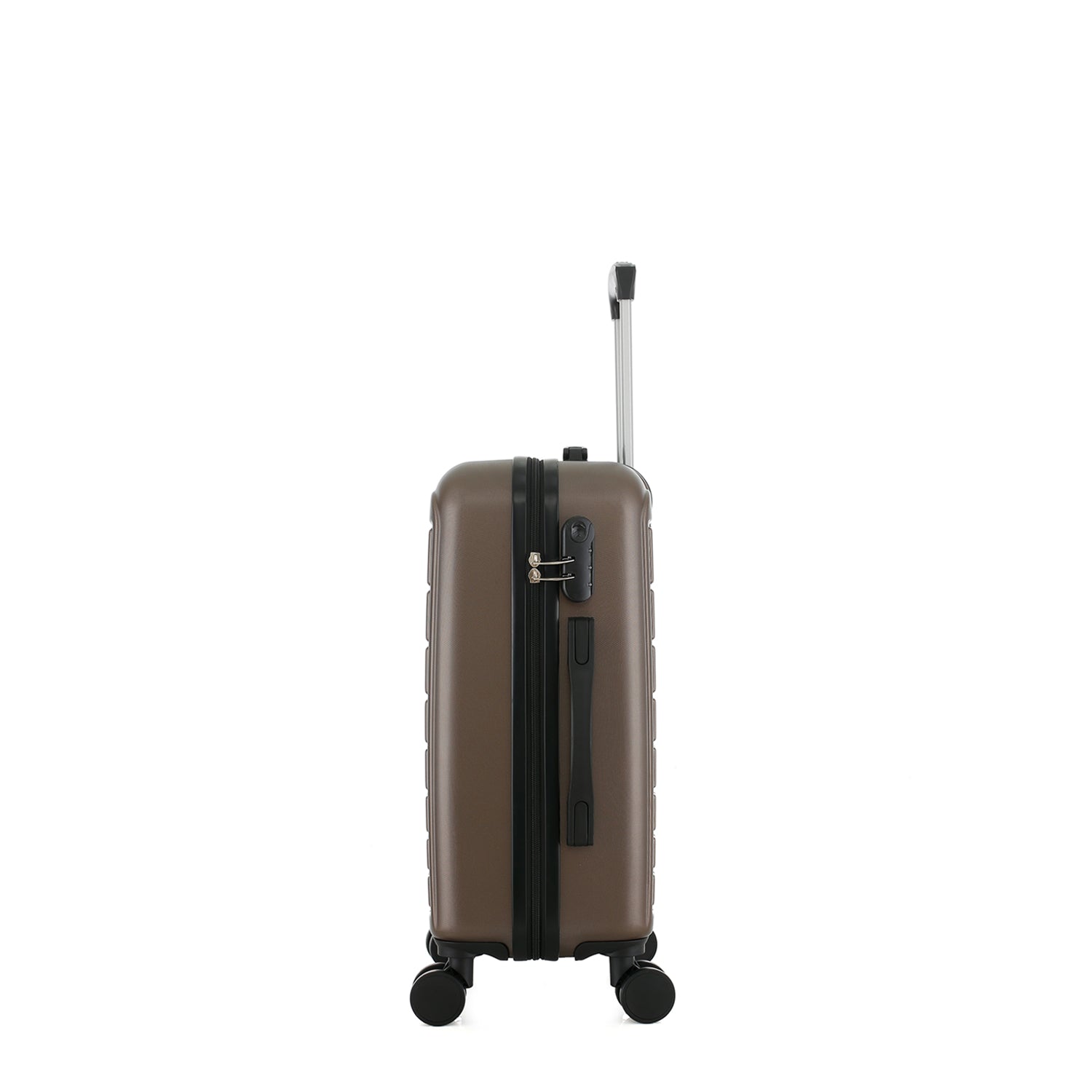 bb&b Travel Aspen Small Suitcase in chocolate, side view showing the zip closure, combination lock, side carry handle and extended telescopic handle.