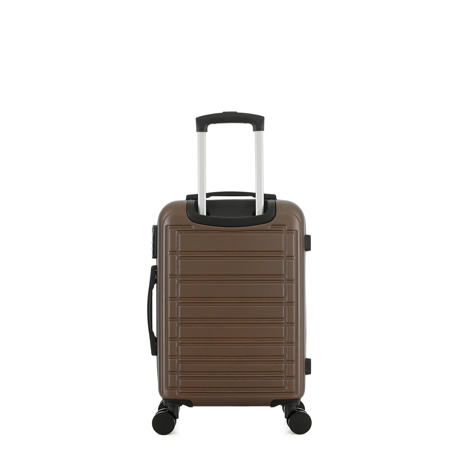 bb&b Travel Aspen Small Suitcase in chocolate, rear view with telescopic handle, hard-shell exterior and spinner wheels.