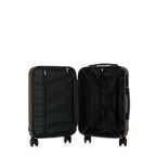 bb&b Travel Aspen Small Suitcase in chocolate, opened to show the black lined interior with mesh zip compartment and adjustable packing straps.