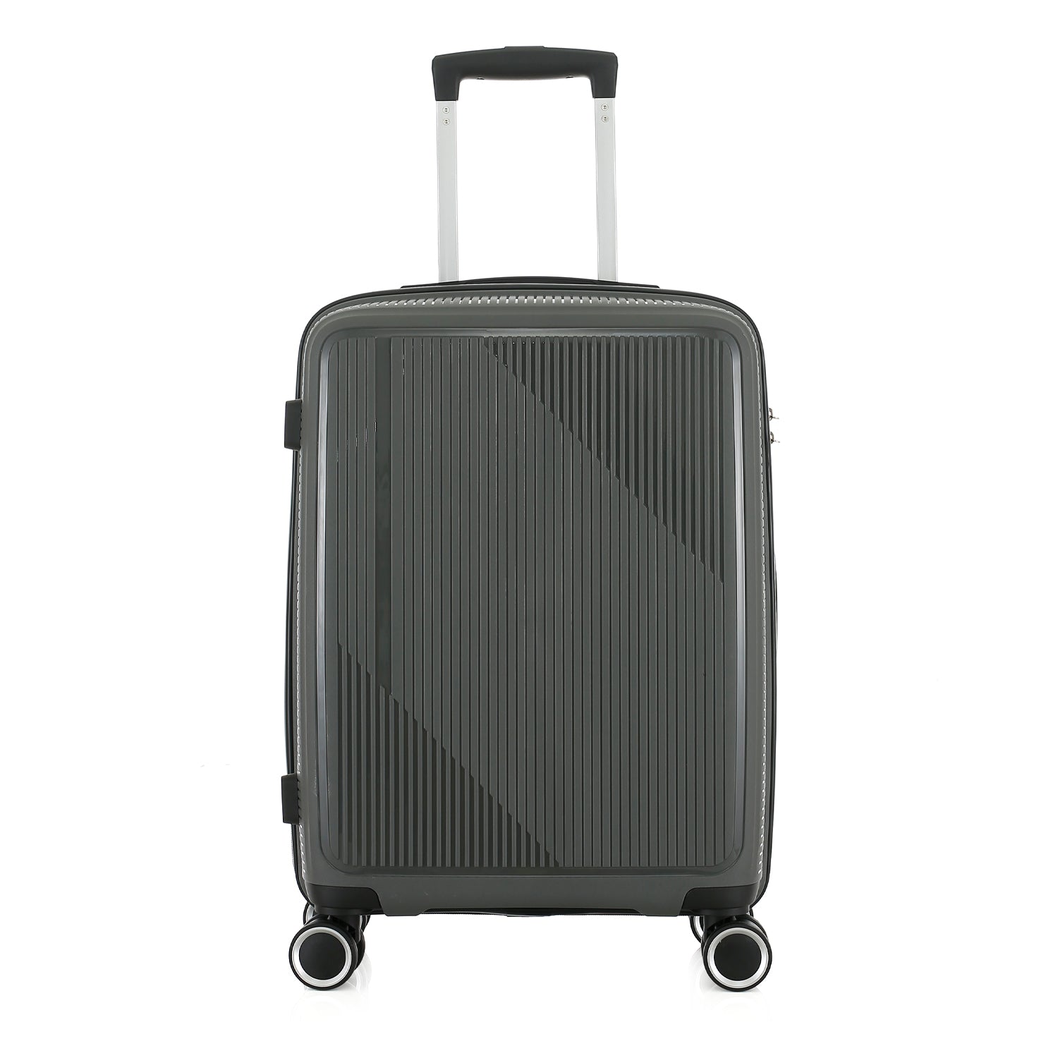 bb&b Travel Daytona Large Suitcase in charcoal shown from the front with an extended telescopic handle and four spinner wheels.