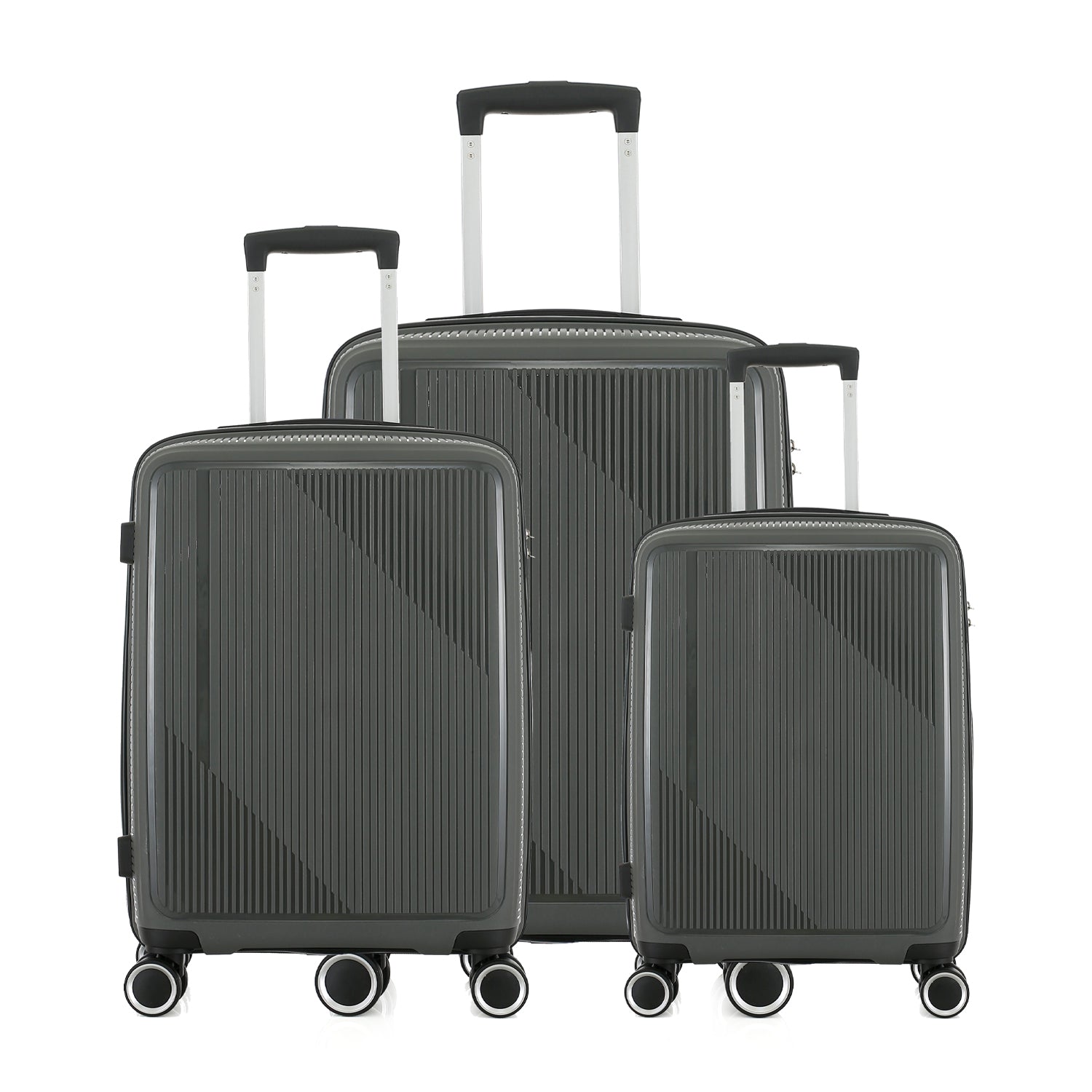 bb&b Travel Daytona Suitcase range in charcoal featuring small, medium and large hard-shell suitcases with extended handles and spinner wheels.