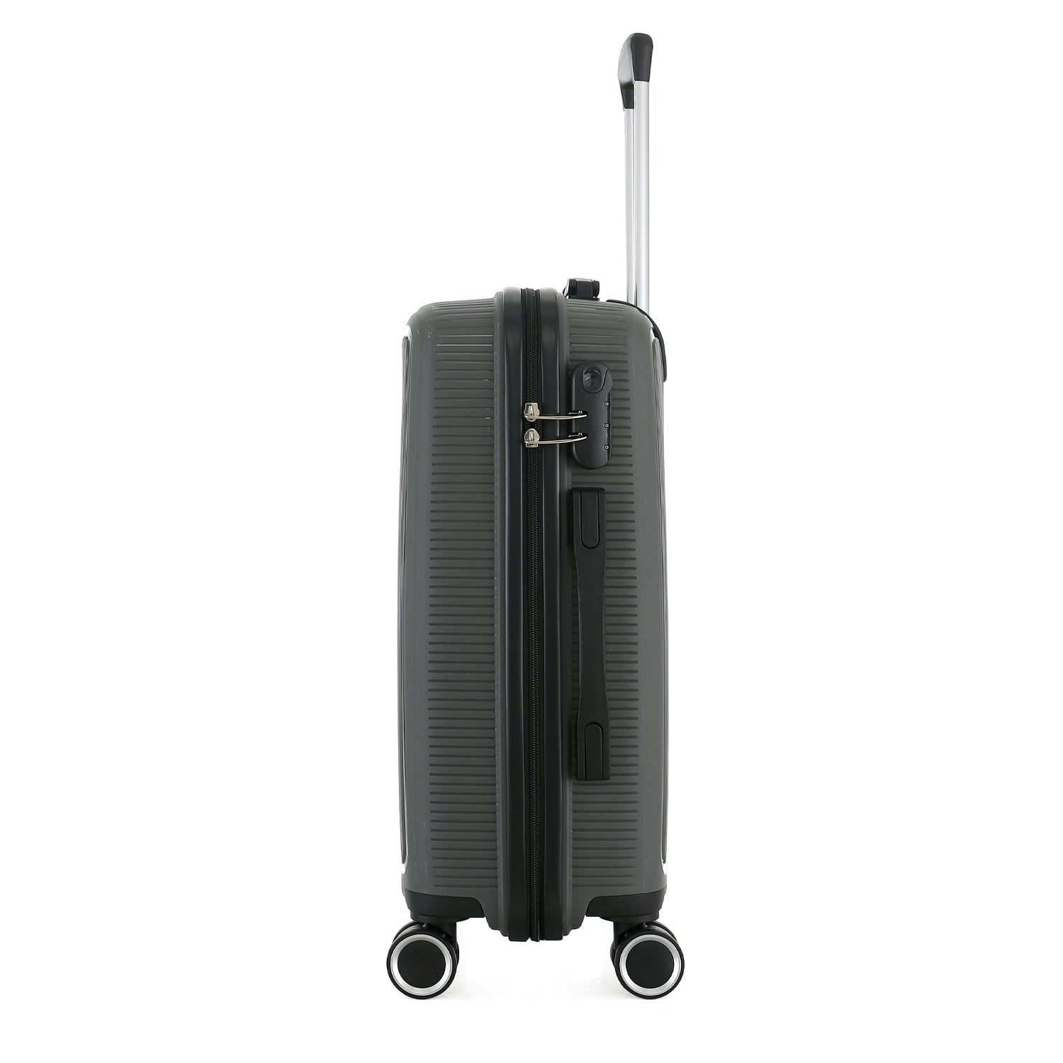 Side view of the bb&b Travel Daytona Large Suitcase in charcoal showing the zip closure, combination lock and side carry handle.