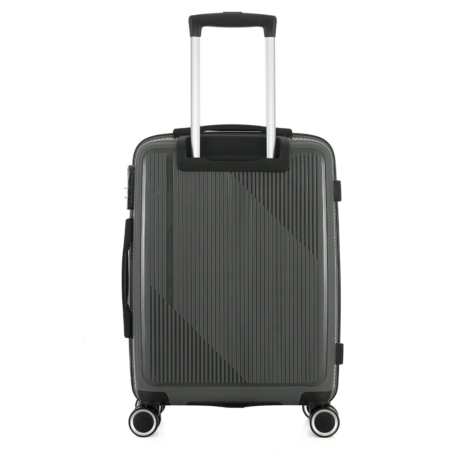 Rear view of the bb&b Travel Daytona Large Suitcase in charcoal with an extended telescopic handle and four spinner wheels.