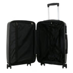 Open bb&b Travel Daytona Large Suitcase in charcoal showing the spacious black interior, zipped divider and adjustable packing straps.