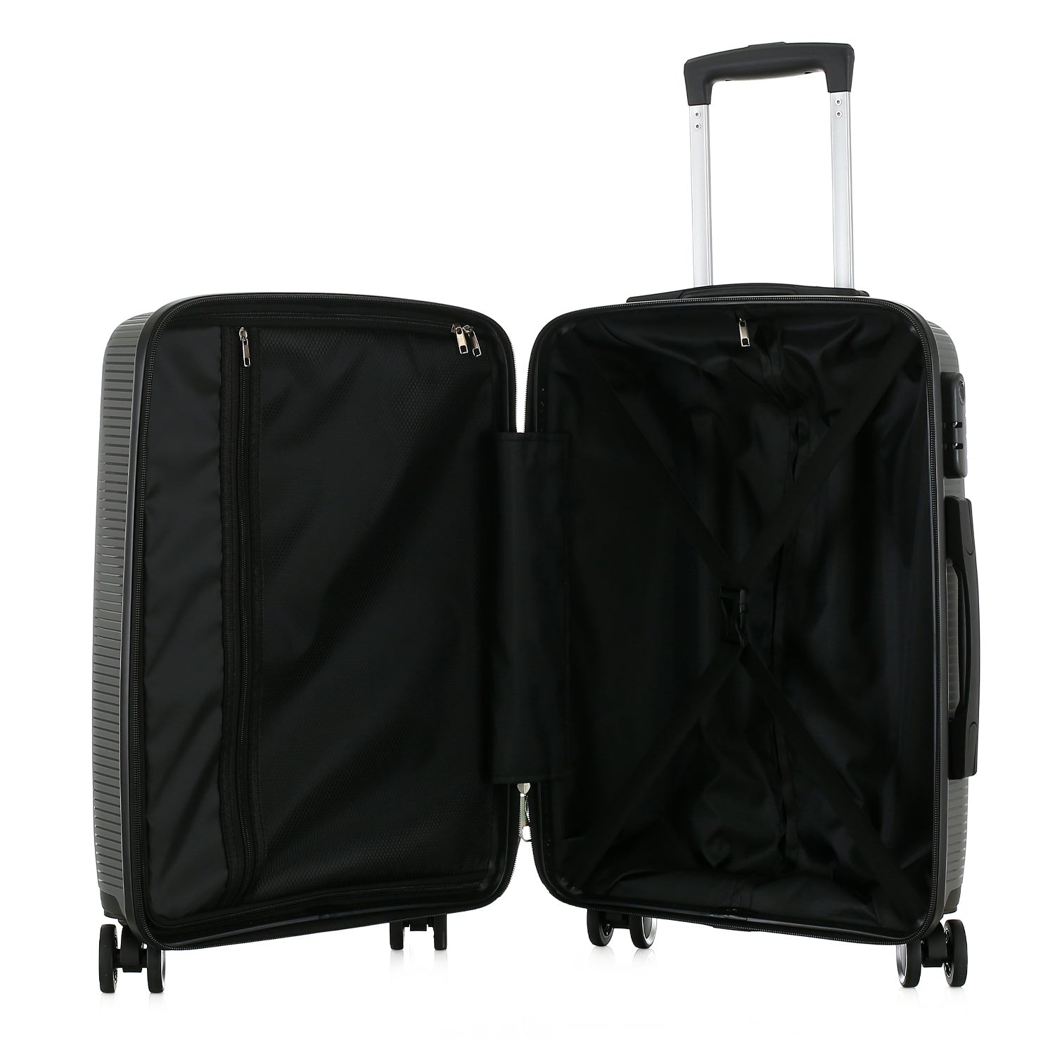 Open bb&b Travel Daytona Large Suitcase in charcoal showing the spacious black interior, zipped divider and adjustable packing straps.