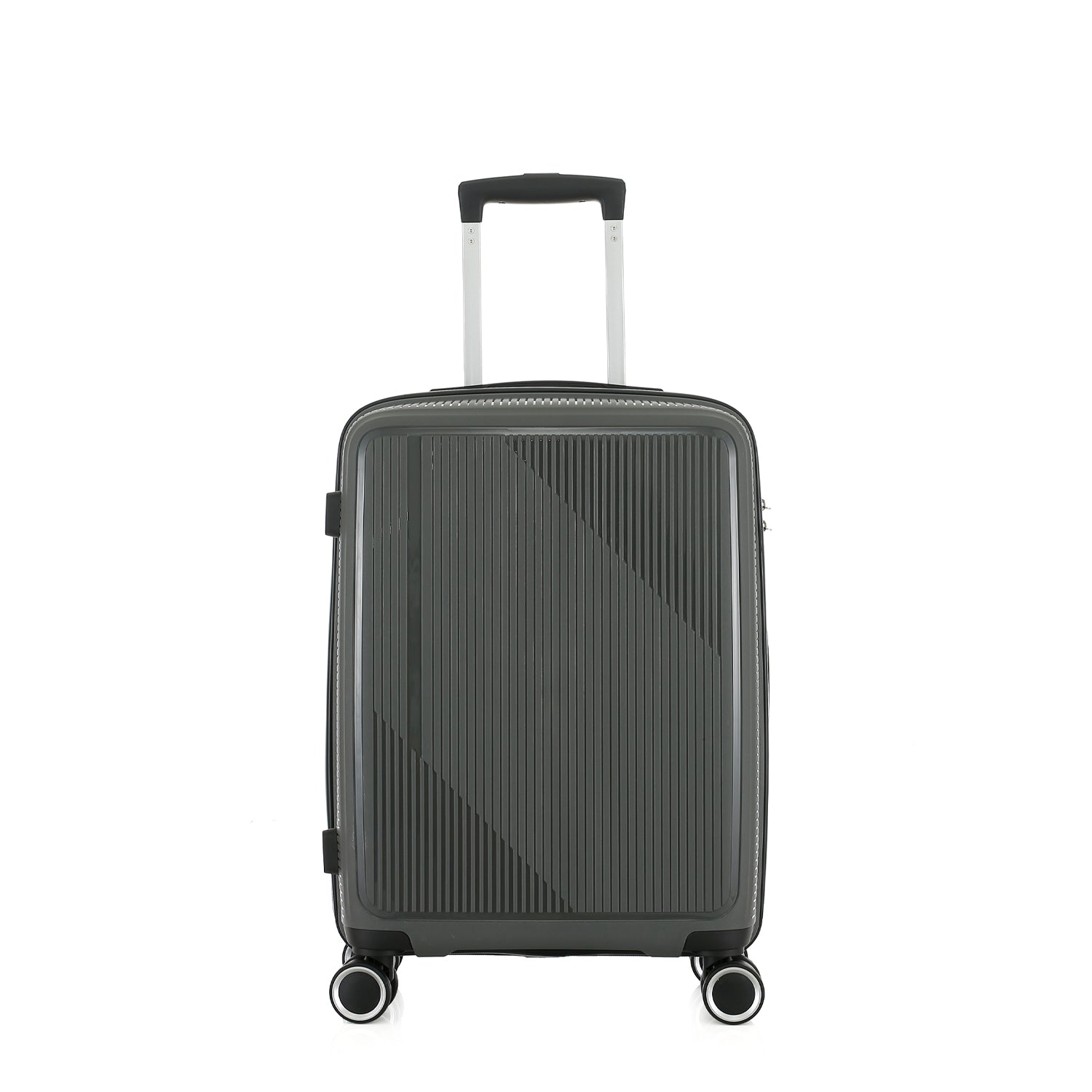 bb&b Travel Daytona Medium Suitcase in charcoal shown from the front with an extended telescopic handle and four spinner wheels.