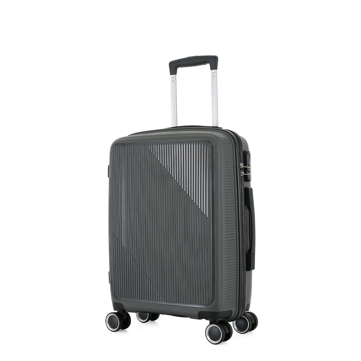 Angled front view of the bb&b Travel Daytona Medium Suitcase in charcoal showing the textured hard shell, side handle and spinner wheels.