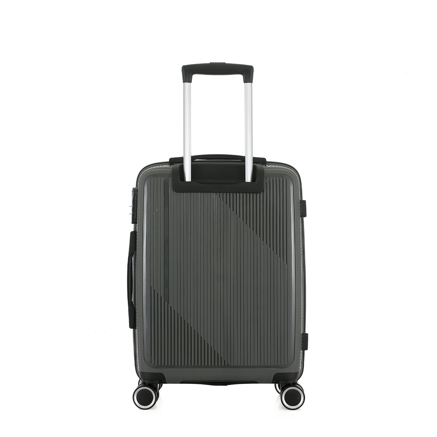 Rear view of the bb&b Travel Daytona Medium Suitcase in charcoal with an extended telescopic handle and spinner wheels.