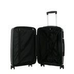 Open bb&b Travel Daytona Medium Suitcase in charcoal showing the black interior, zipped divider compartment and adjustable packing straps.