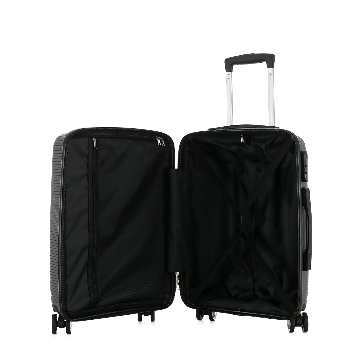 Open bb&b Travel Daytona Medium Suitcase in charcoal showing the black interior, zipped divider compartment and adjustable packing straps.
